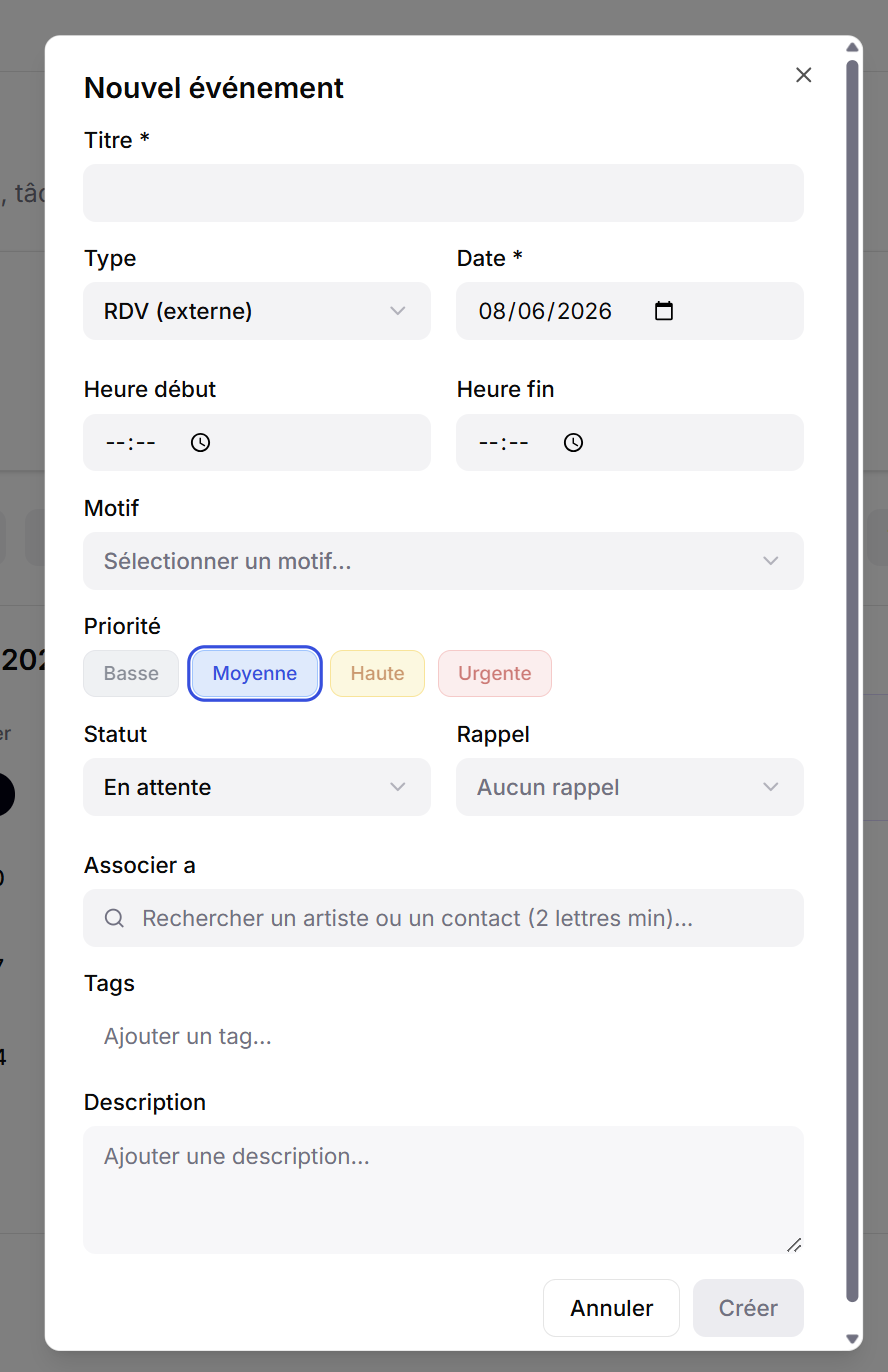 Création d’un nouvel événement dans l’agenda Strymy