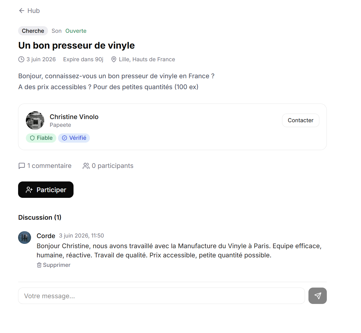 Annonce publiée dans le réseau artistique Strymy